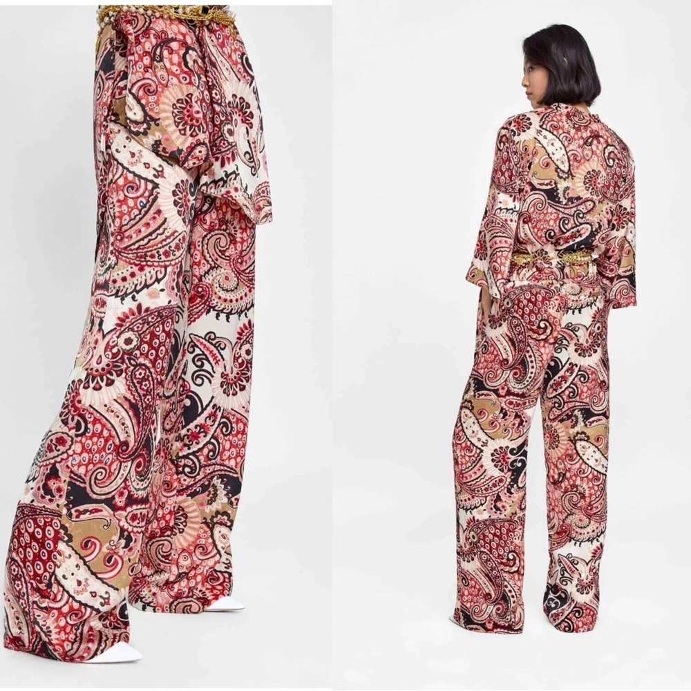Zara Paisley print trouser dress pants pockets S retro 70’s 80’s hippie velvet